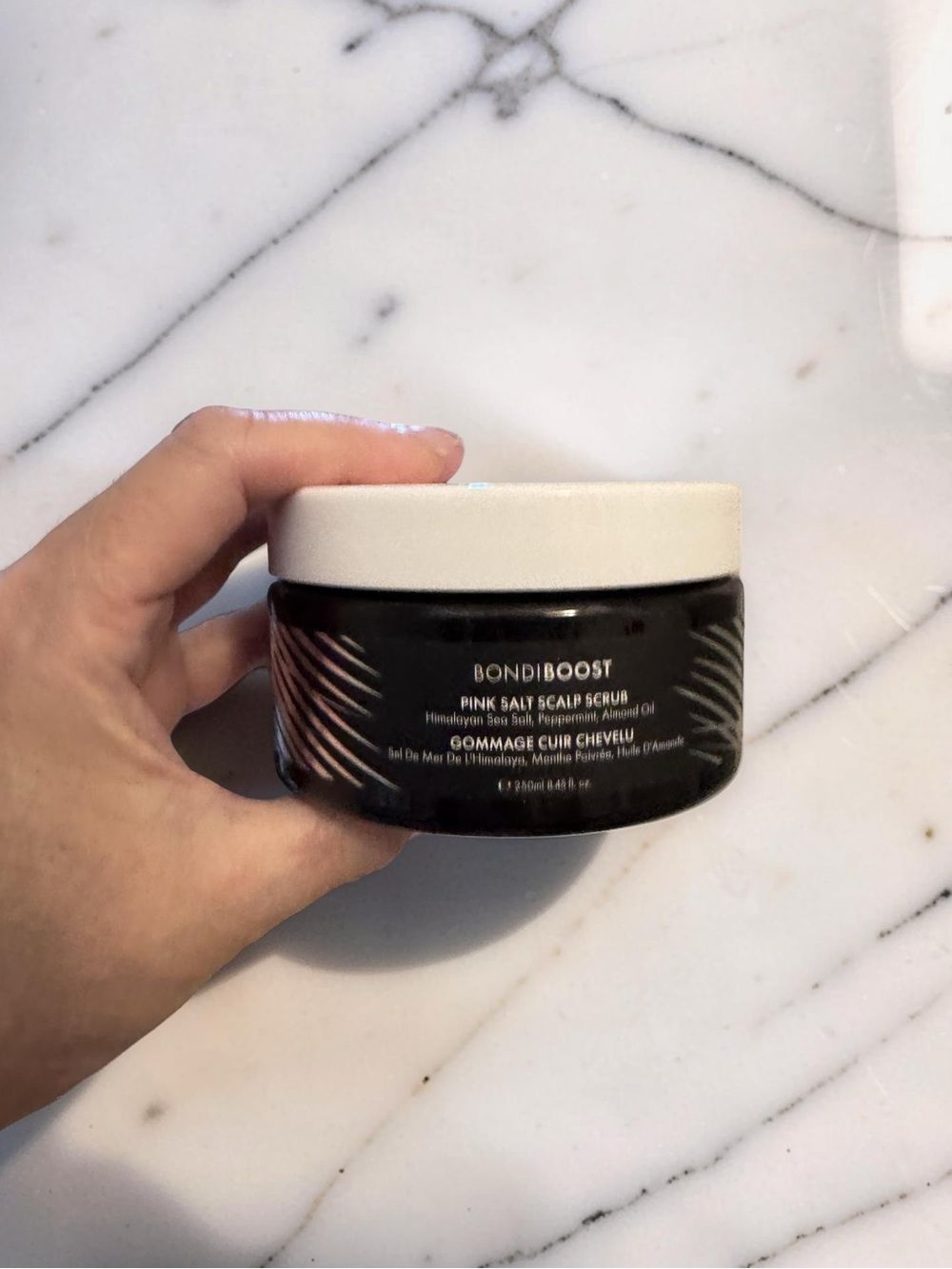 BondiBoost Pink Salt Scalp Scrub - Black Jar with White Lid